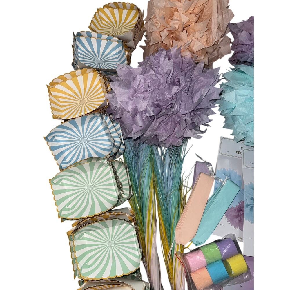 Lot of pastel party supplies balloons, centerpiece, tissue puffs, door hangings - Picture 5 of 5